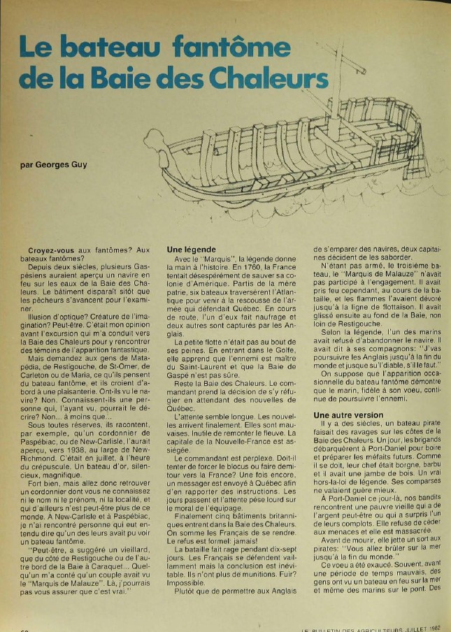 Article "Le bateau fantôme de la baie des Chaleurs" de Georges Guy, publié dans Le bulletin des agriculteurs, juillet 1982.